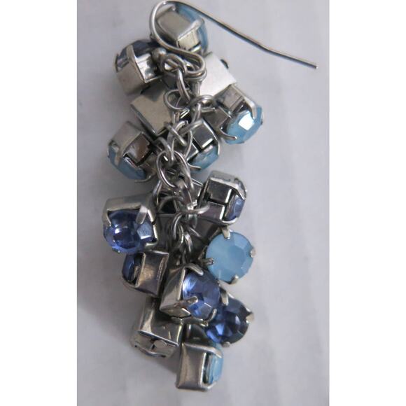 PIERCED EARRINGS Long Dangle Drop Cluster Blues Silver Sparkle Boho Jewelry - Picture 2 of 8